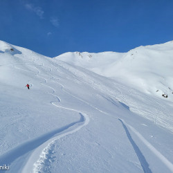Abfahrtsspuren in einem weiten Schneehang, Jahresrückblick 2021
