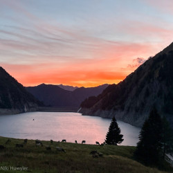 Bergsee mit rotem Abendhimmel und Lärchen, Via Alta Crio zweiter Teil