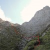 Felsgrat mit eingezeichneter Aufstiegsroute, Alpstein