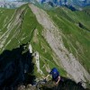 Bergsteiger auf einem steilen Grasgrat, Fluebrig