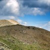 Zwei Wanderer auf einem Weg über einen Grashügel