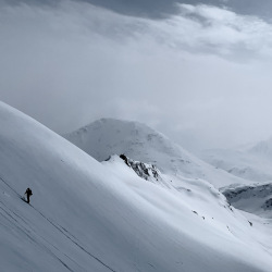 Skitourengänger auf einem verschneiten Grat im Nebel, Winter 2020