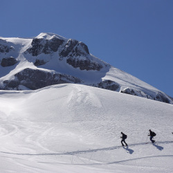 Drei Skitourengänger vor verschneiten Felswänden, Winter 2020